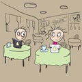 Girl in cafe flirting ogle. Vector cartoon