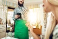 The girl is calculated credit card waiter in cafe