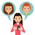 Girl calling phone. Young women chooses which of her friends call. Communication for business. Face close up and user avatars. Royalty Free Stock Photo