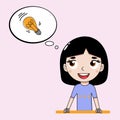 The girl came up with an interesting idea, expressed in the form of a light bulb. Vector graphics.