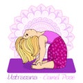 Girl in Camel Pose with mandala background.