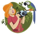 Girl with camera photographs parrot. Illustration for internet and mobile website