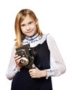 Girl cameraman with retro camera Royalty Free Stock Photo