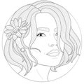 Girl with a camomile behind her ear.Coloring book antistress for children and adults Royalty Free Stock Photo