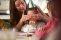 Girl With Candles On Birthday Cake At Surprise Party With Parents And Friends At Home Royalty Free Stock Photo