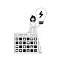 girl , capacity design and light bulb . subject of social network . black and White analogue style. Trendy style, Vector