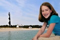 Girl at Cape Lookout Lighthouse Royalty Free Stock Photo