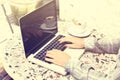 Girl with cappuccino and laptop outdoor Royalty Free Stock Photo