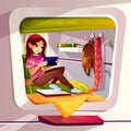 Girl in capsule hotel or hostel vector illustration Royalty Free Stock Photo