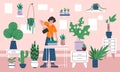 Girl cares of houseplants. Home gardening. Young person watering green shoots in greenhouse. Cacti and ficus in pots
