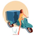 Girl on a cargo motorcycle for contactless delivery Royalty Free Stock Photo