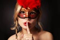 Girl with carnival mask. woman with finger on her red lips showing hush Royalty Free Stock Photo