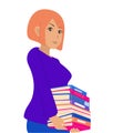 The girl carries books. An office worker, a librarian, a lover of reading. White background, vector, flat