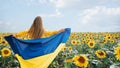 Girl carries fluttering blue and yellow flag of Ukraine in sunflower field. Royalty Free Stock Photo