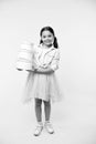 Girl carries pile boxes. Prepare shopping sale season. Prepare for school season buy supplies stationery clothes in Royalty Free Stock Photo