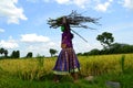 A Girl carring some tree roots