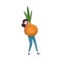 Girl Carrying Big Ripe Red Onion, Female Farmer Character with Natural Organic Vegetable Vector Illustration Royalty Free Stock Photo