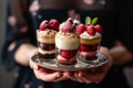 A girl carrying a tray with different desserts in a glass.A tray of sweet desserts. Sweet dessert in a glasses with berries, mint