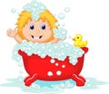 Girl cartoon bathing in the red bath tub Royalty Free Stock Photo