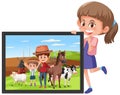 A girl cartoon character holding a photo of a girl in the farm with her dad Royalty Free Stock Photo