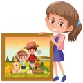 A girl cartoon character holding a photo of a girl in the farm with her dad Royalty Free Stock Photo