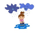 The girl cartoon character is sad because two unruly clouds throw rain on her.