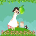 Girl cartoon smile happy holding mango fruit with tree branch and leaf around in green field
