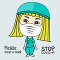 Cute female doctor characters wearing medical mask standing next to word- Please wear a mask- stop covid-19