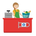 The girl cashier in a grocery supermarket. Cart full of products. Cash machine. Store employee. Flat character isolated Royalty Free Stock Photo