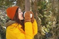 Girl in casual clothes with a glass of hot drink in her hands. Young woman in winter forest or park. Fairy forest Royalty Free Stock Photo