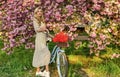 Girl casual dress retro cruiser bicycle sakura tree. Spring holidays. Tourism concept. Transportation and travel. Sakura Royalty Free Stock Photo