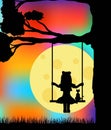 Girl with a Cat Silhouettes on Swings with Colorful Sky Royalty Free Stock Photo