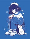 A girl with a cat on a bright blue background.