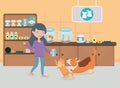 Girl and cat dog food room vet pet care Royalty Free Stock Photo