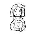 The girl and the cat in doodle and line art. For clip art, seamless patterns, postcards and other comercial usage