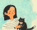 A girl with a cat. A doodle-style sketchbook drawing