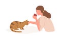 Girl with cat flat vector illustration. Animal care, playing with cat. Home leisure, recreation, relaxation, stress