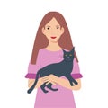 Girl with a cat in modern style. Flat concept. Happy cheerful young woman. Animal cartoon.