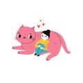 Girl with cat. Pets lover. Animal and human friendship concept illustration