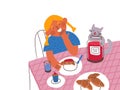 Girl and cat. Picture book illustration of little girl eating croissants with the cat. Parisian breakfast.