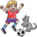 Girl and Cat Playing Soccer Cartoon Clipart Royalty Free Stock Photo