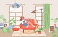 Girl with cat reading book vector flat illustration. Modern cozy living room interior design concept. Royalty Free Stock Photo