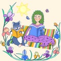 Girl and cat reading books. Cartoon picture of a cat and a girl. Young woman with green hair color