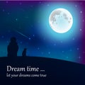 Girl and cat sitting on earth, looking at moon under stars in night sky with text place. Royalty Free Stock Photo