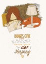 Girl and cat sleeping on book. Vector hand drawn colorful large illustration, made with ink, on beige background, with simple