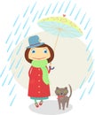 Girl with a cat walking under an umbrella in the r