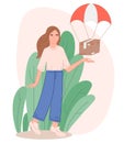 Girl catches a parcel on parachute vector illustration