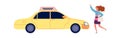 Girl catches taxi. Happy cartoon female with bag stops yellow auto. Isolated cartoon woman and car vector illustration