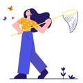 Girl catching butterflies with net. Vector flat illustration on white background. Royalty Free Stock Photo