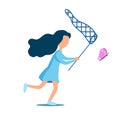 Girl catching butterfly with a net. Flat style Royalty Free Stock Photo